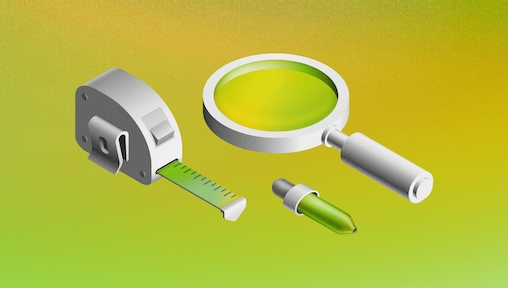 A 3D illustration showing a magnifying glass, a measuring tape and a eye-dropper tool on a green background