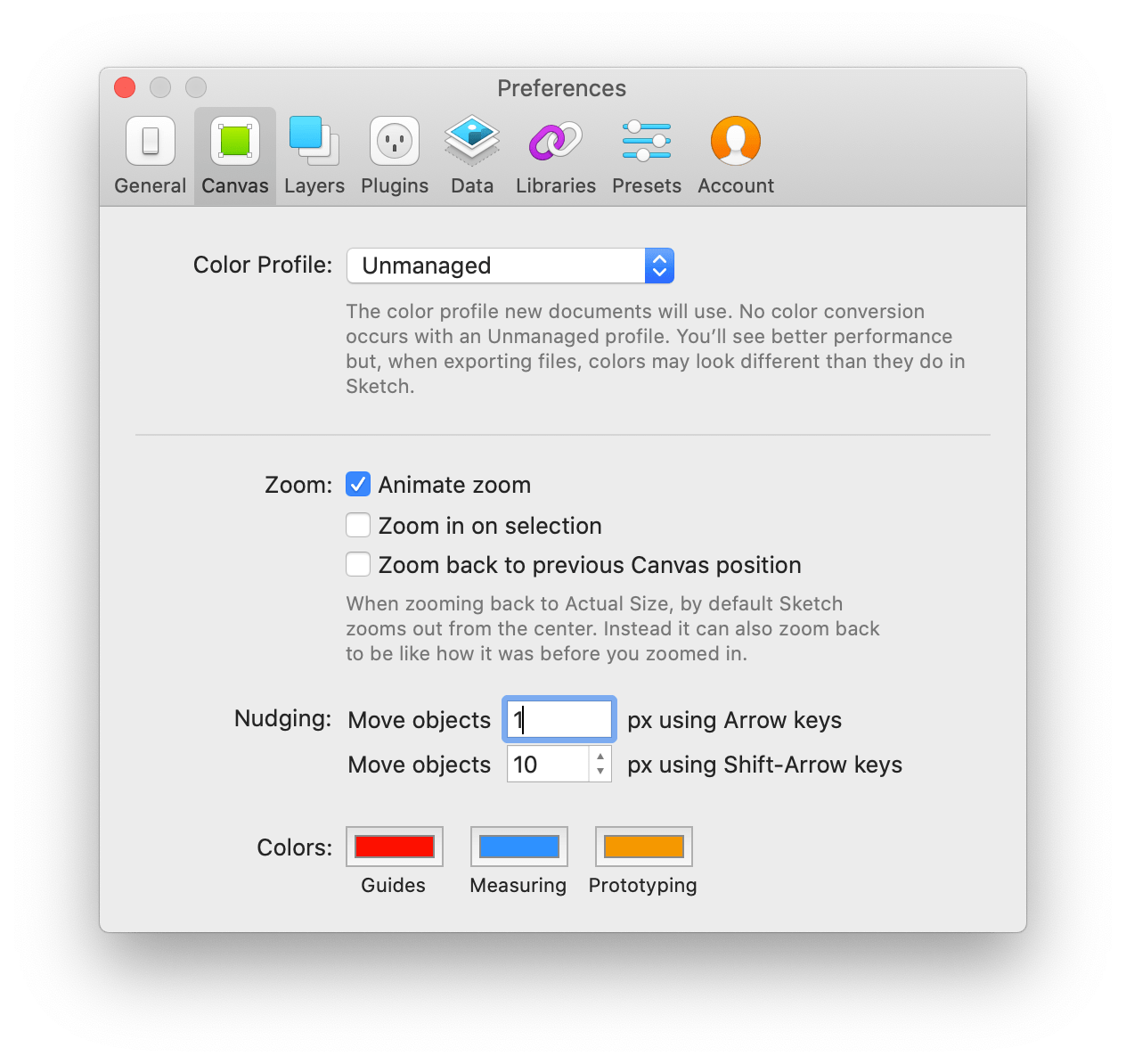 A screenshot showing the Canvas tab in Sketch's preferences panel, with the Nudging settings highlighted